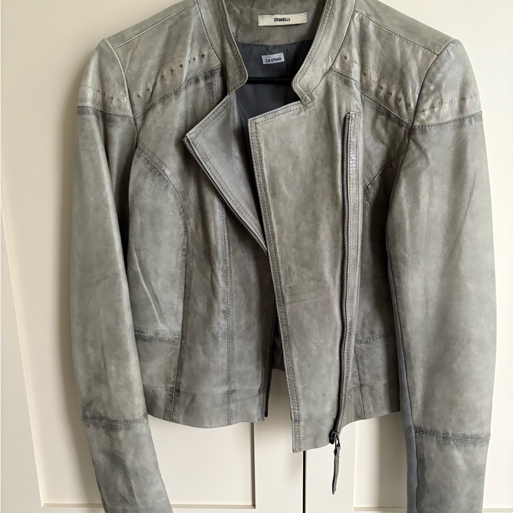 Dranella Gray Leather Moto Jacket Asymmetrical Zipper